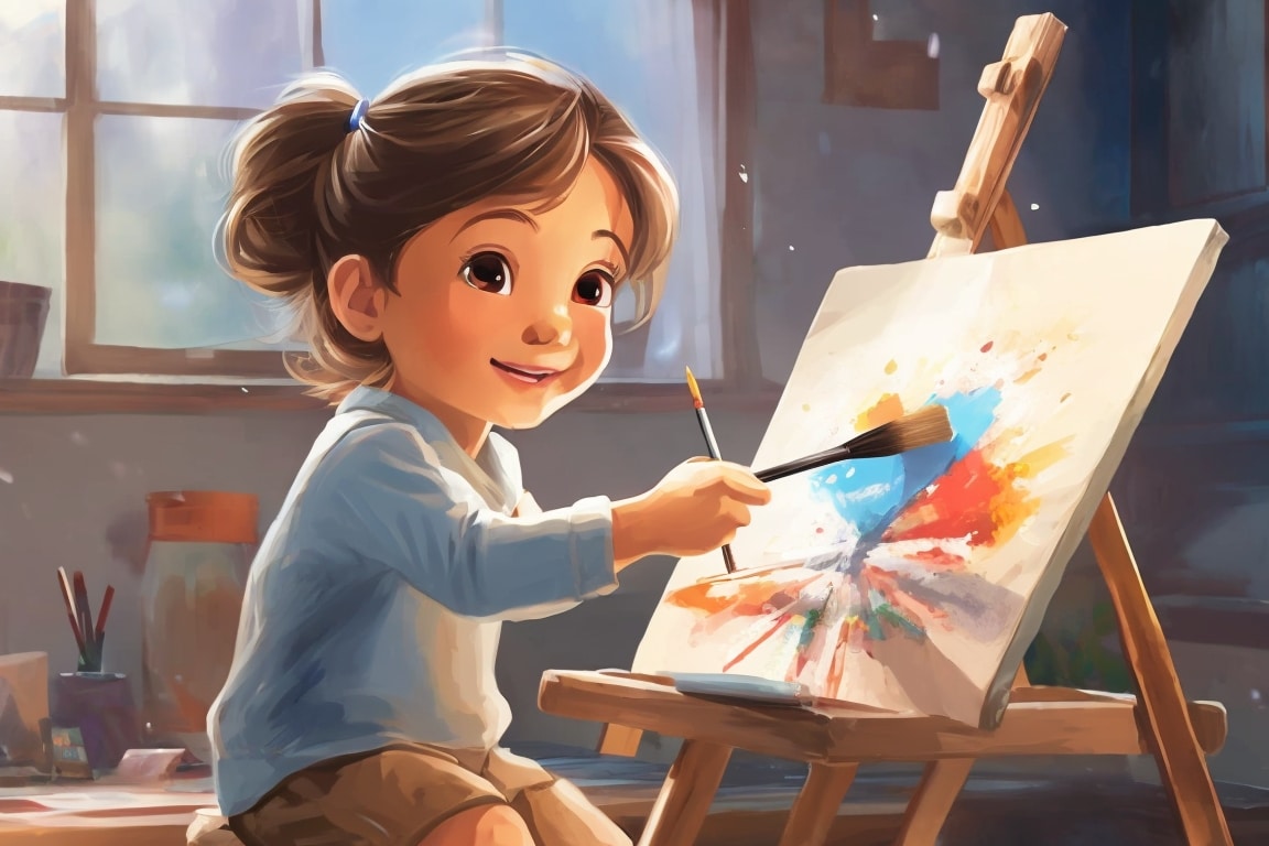 A child paints a happy memory on a canvas, capturing the essence of joyful moments.