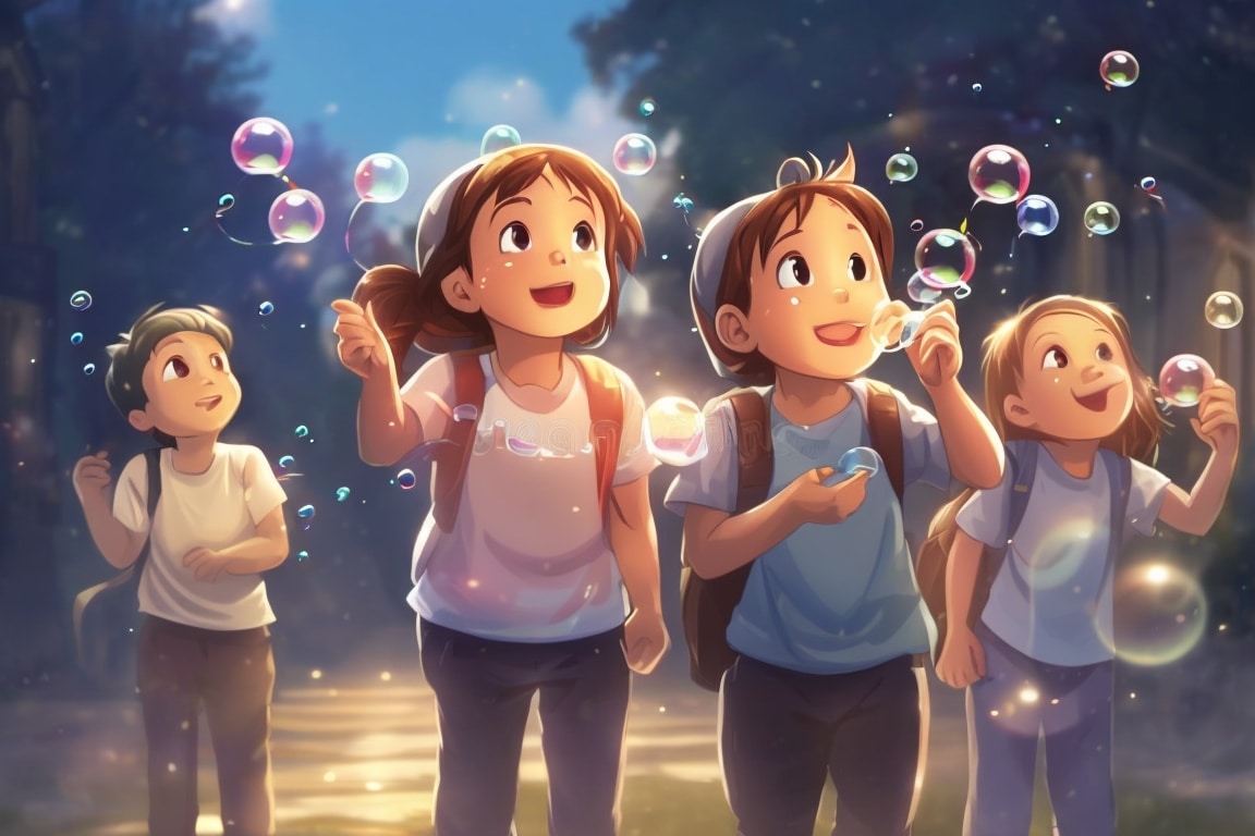 Kids blow soap bubbles into the air, the fleeting spheres carrying happiness and delight.