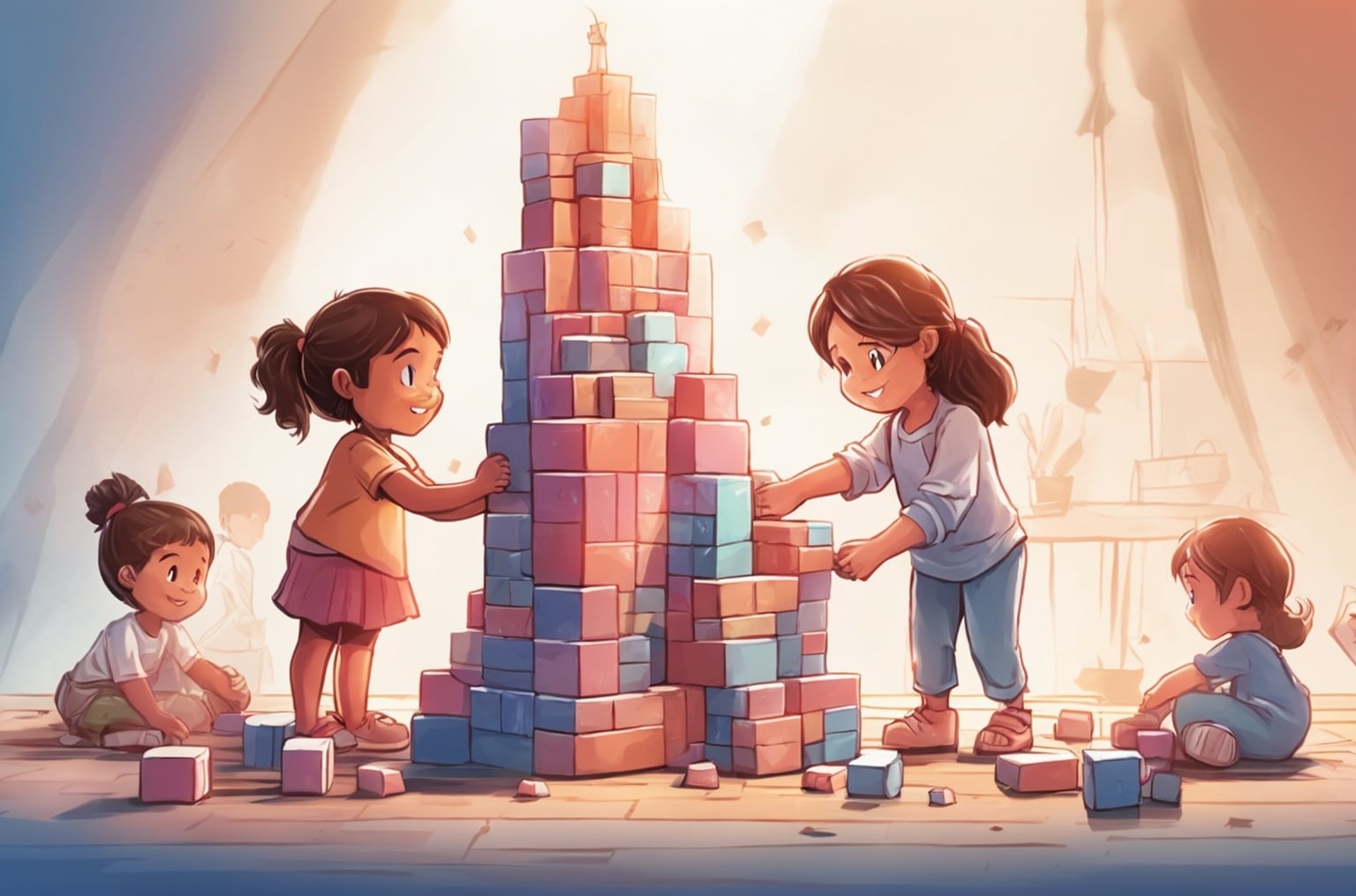 Kids collaborate to build a tower using blocks of kindness, showcasing mutual support and care.