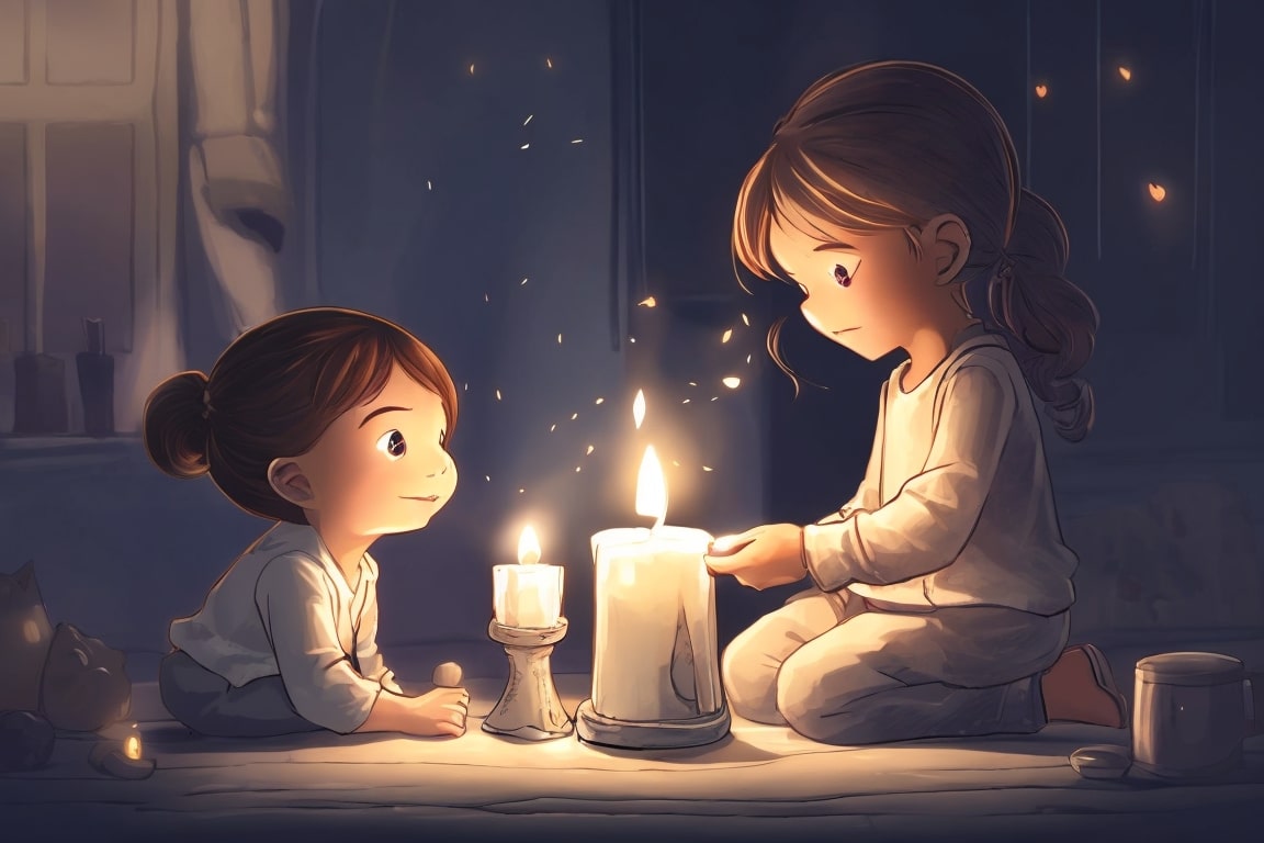 A child lights a candle from another's, representing the passing of warmth through shared memories.