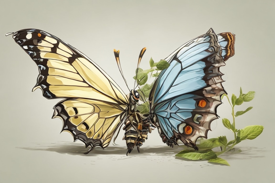 A caterpillar transforms into a butterfly, embodying the beauty of change and hope.