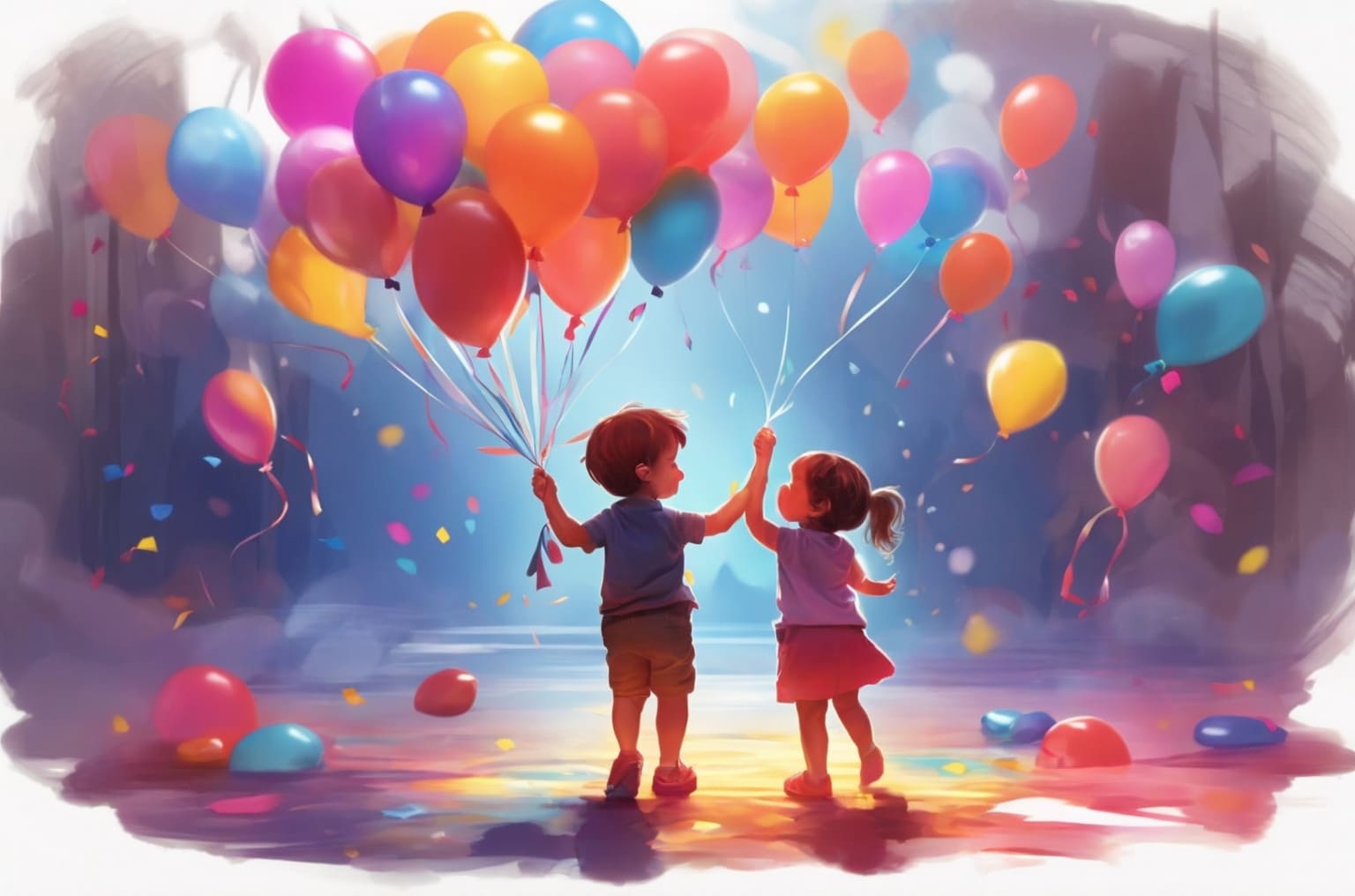 A child giggles while playing with their loved one, surrounded by a cluster of vibrant balloons.