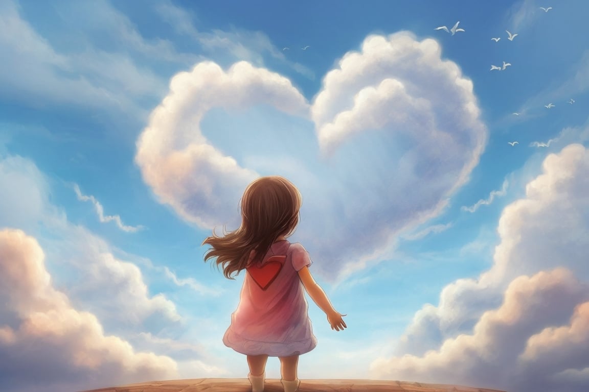 A child gazes at the sky, imagining a heart-shaped cloud that symbolizes enduring love.