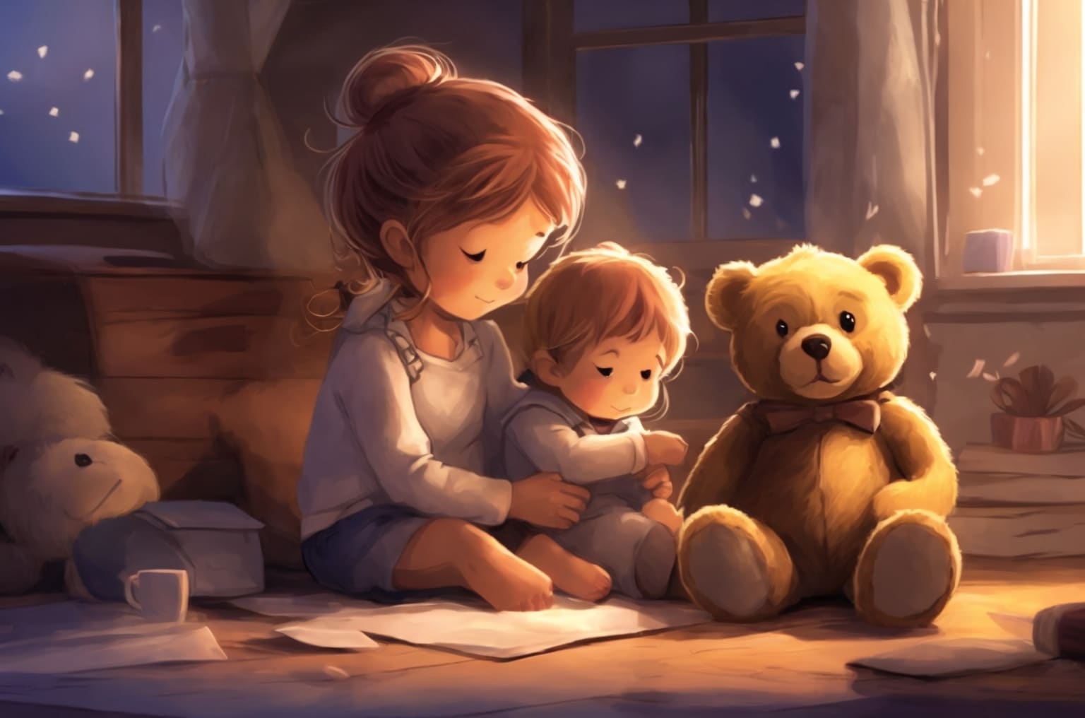A cozy scene of a teddy bear seated beside a child, evoking the comfort of treasured memories.
