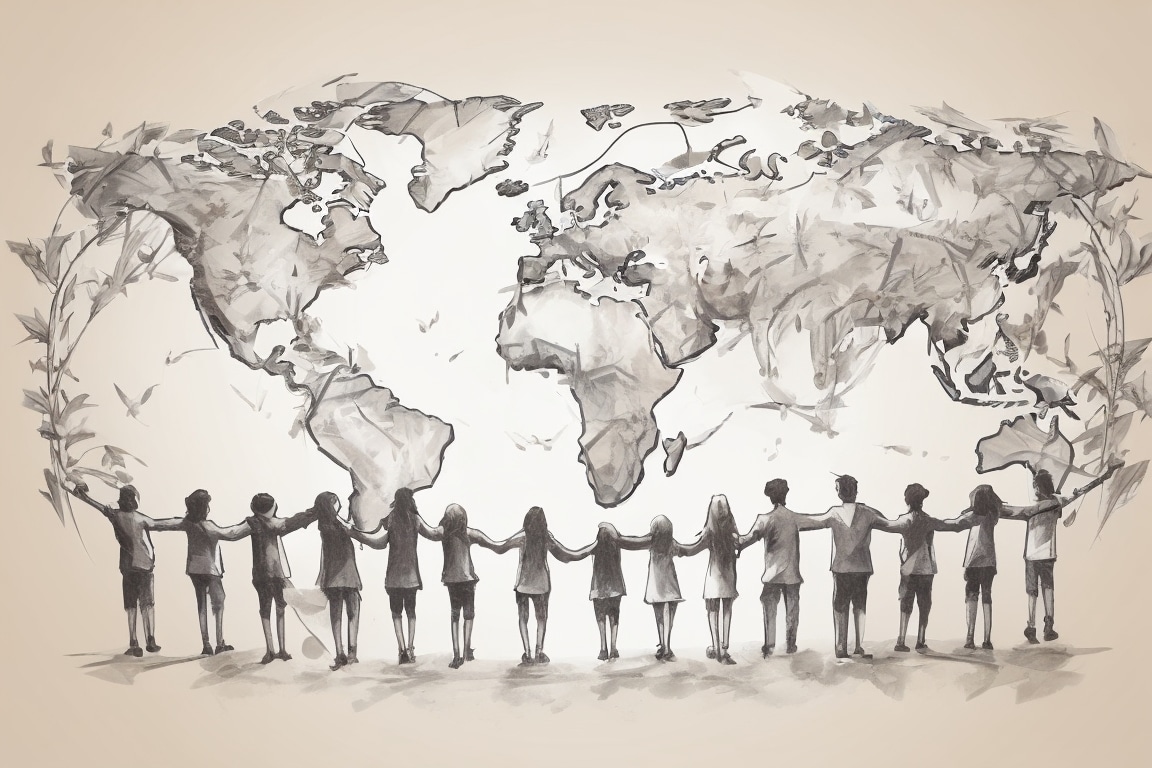 Friends from diverse backgrounds hold hands, encircling the globe in unity and love.