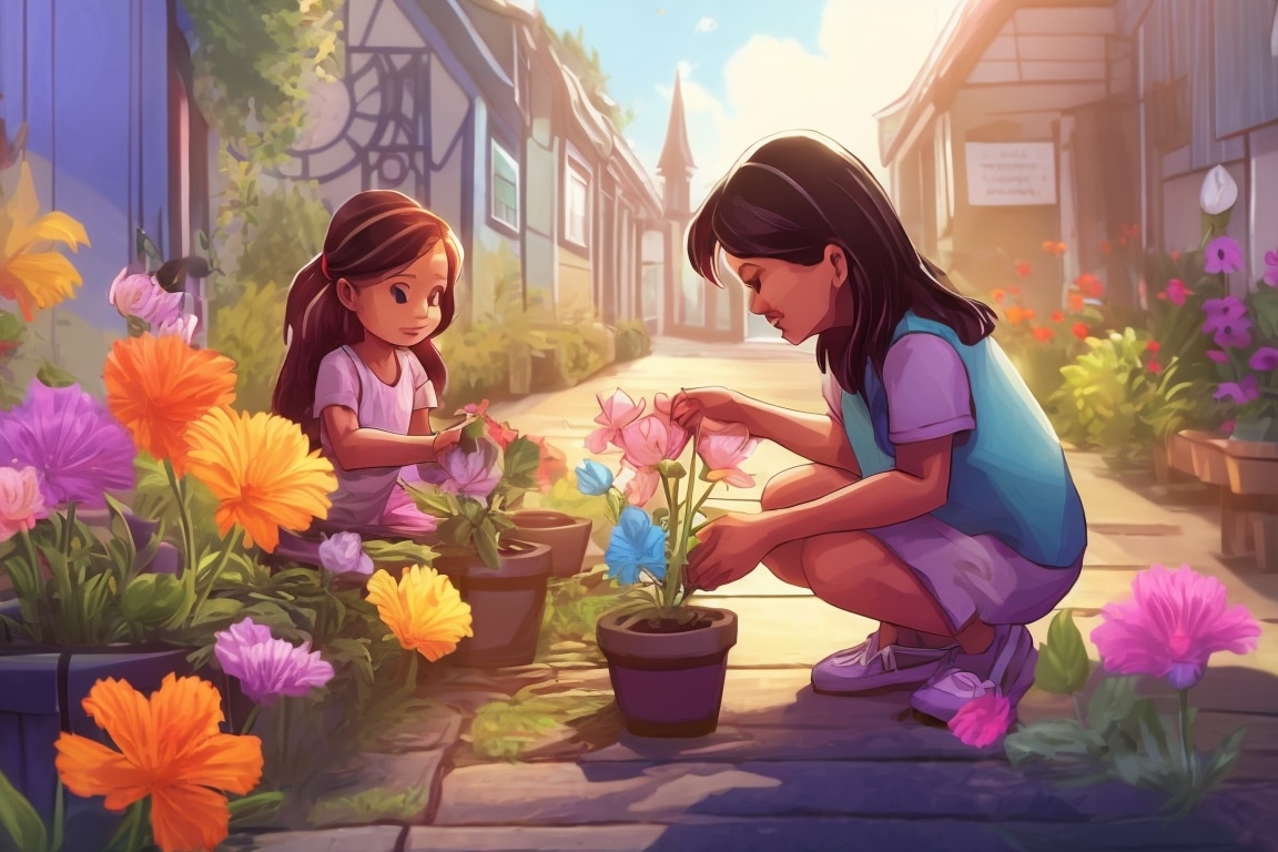 Kids plant colorful flowers, nurturing growth and beauty akin to their loved one's impact.