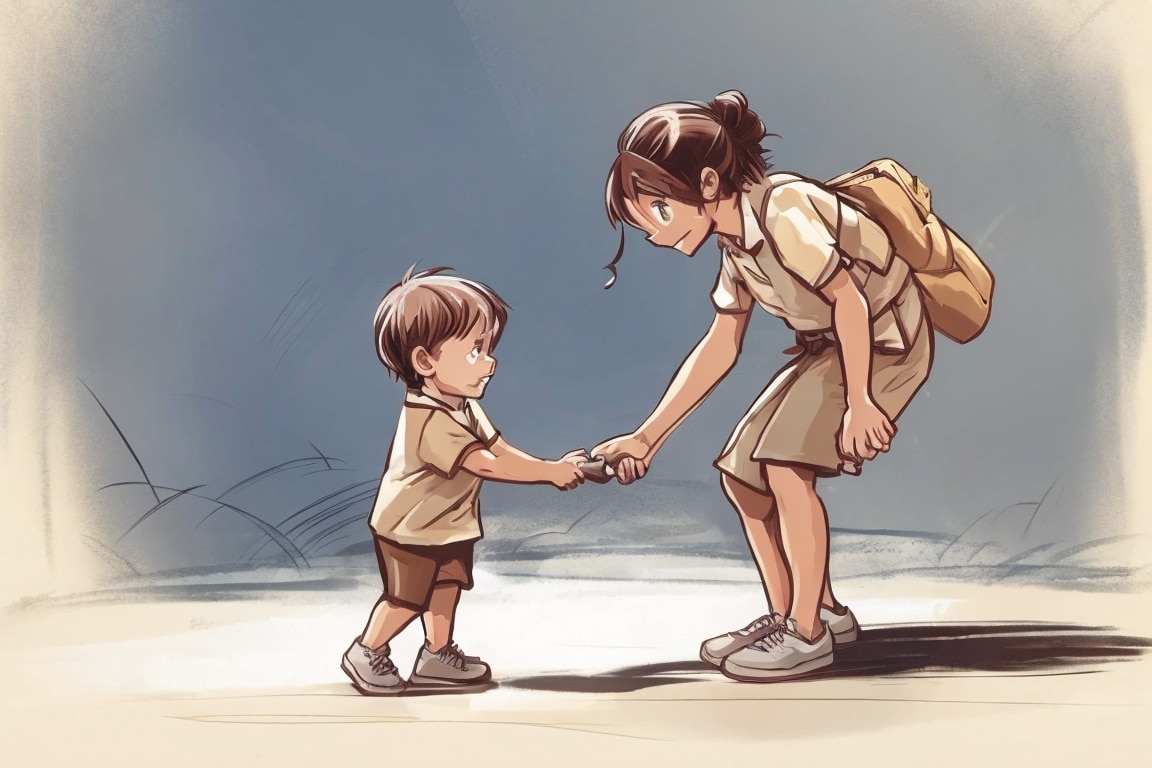 A child lends a helping hand to someone in need, exemplifying the strength and kindness they learned.