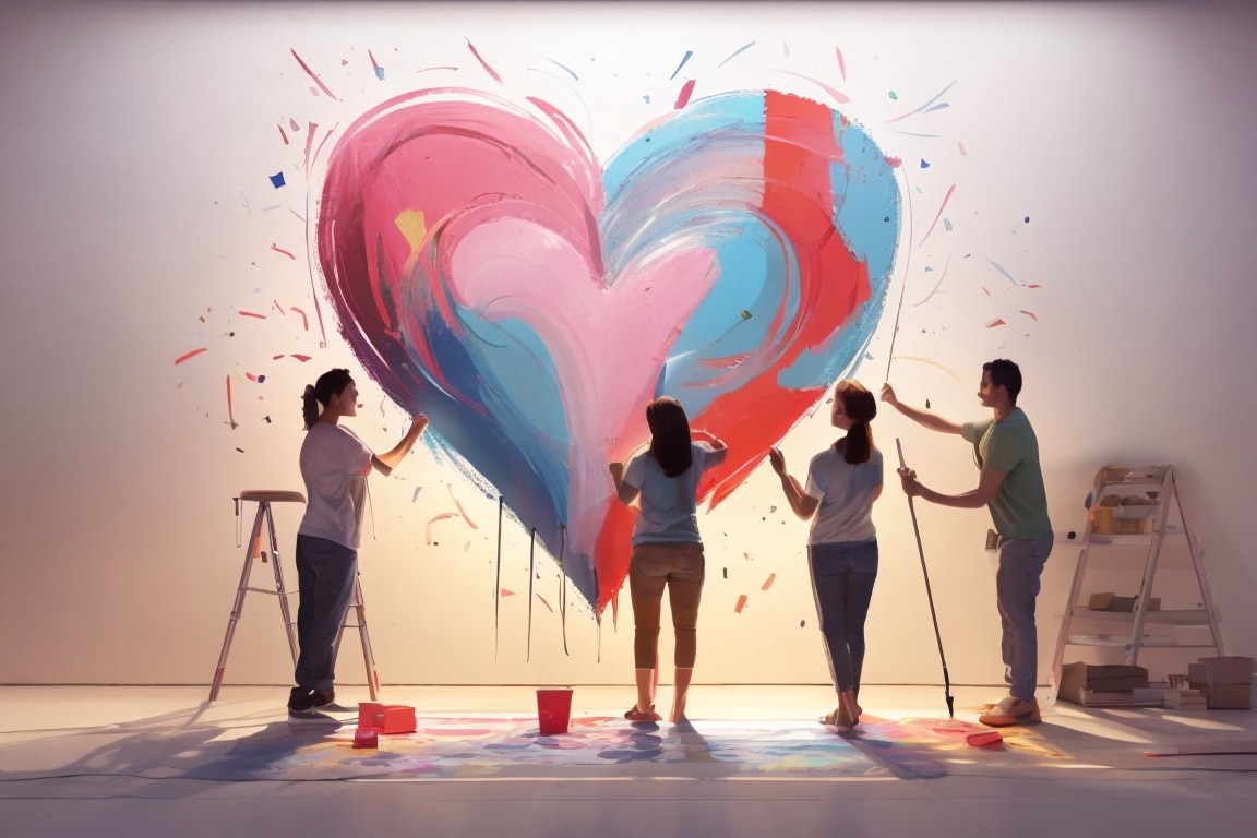 Friends paint a heart on a wall, symbolizing the love that continues to adorn their lives.