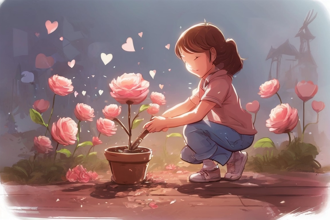 Hearts planted by a child grow into blooming flowers, spreading kindness far and wide.