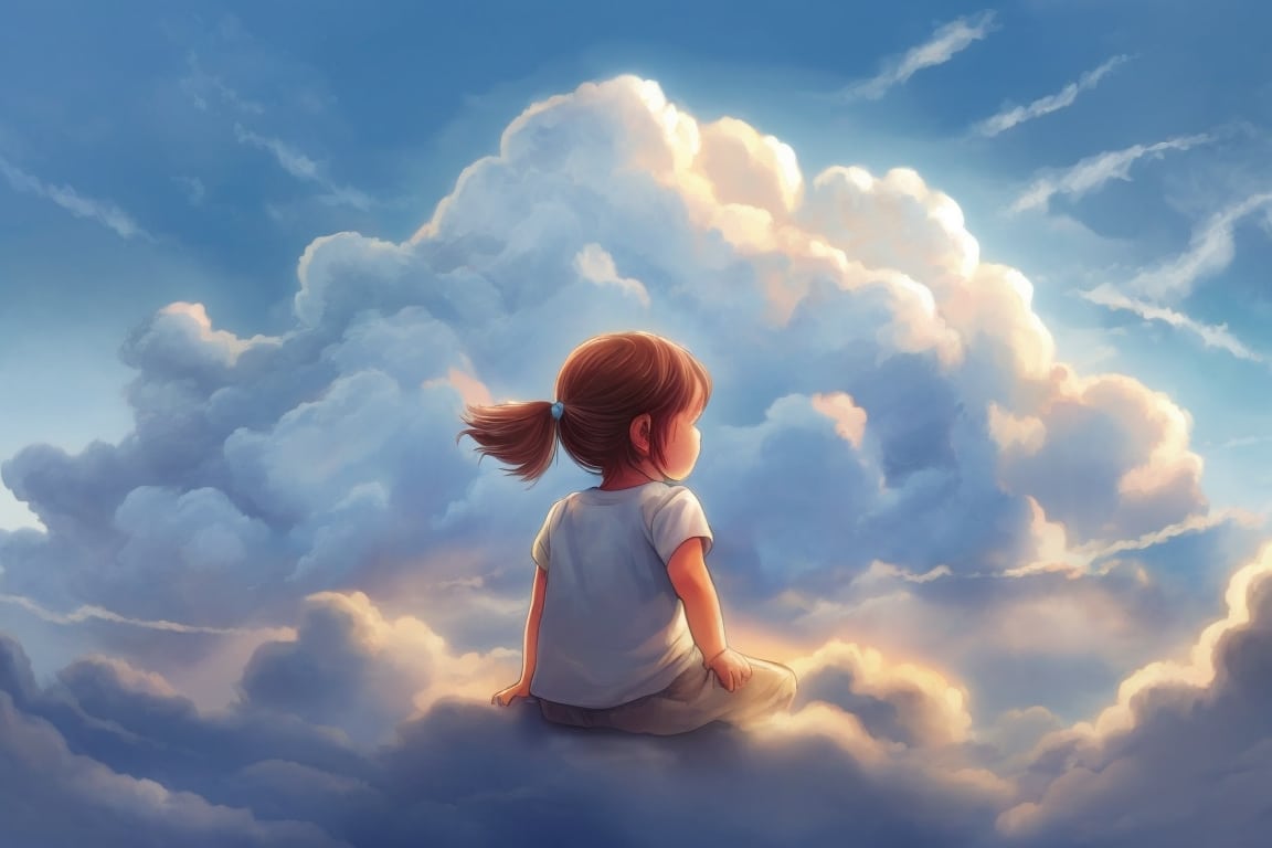 A child embraces a cloud, finding comfort in the sky's vastness.