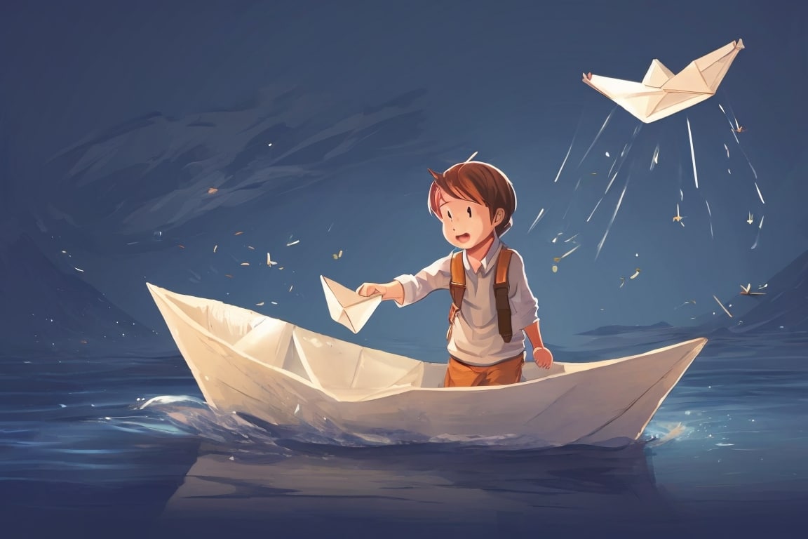 A paper boat sails on water, carrying a child's feelings on a poignant journey.