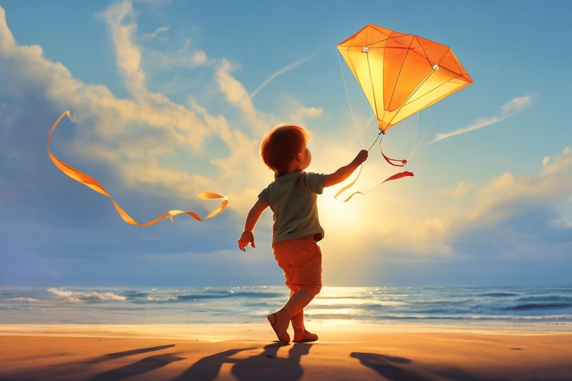 A child flies a sun-shaped kite, basking in the warmth of its symbolism.