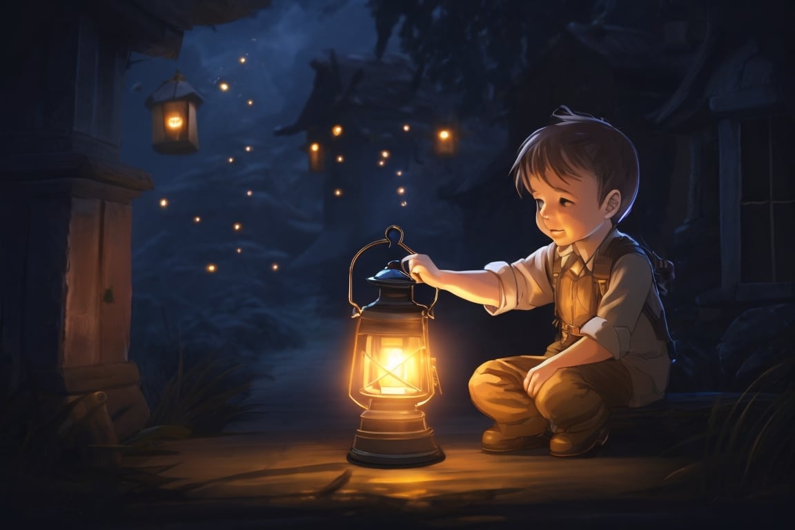 A child holds a lantern, its light representing the memories that guide them through darkness.