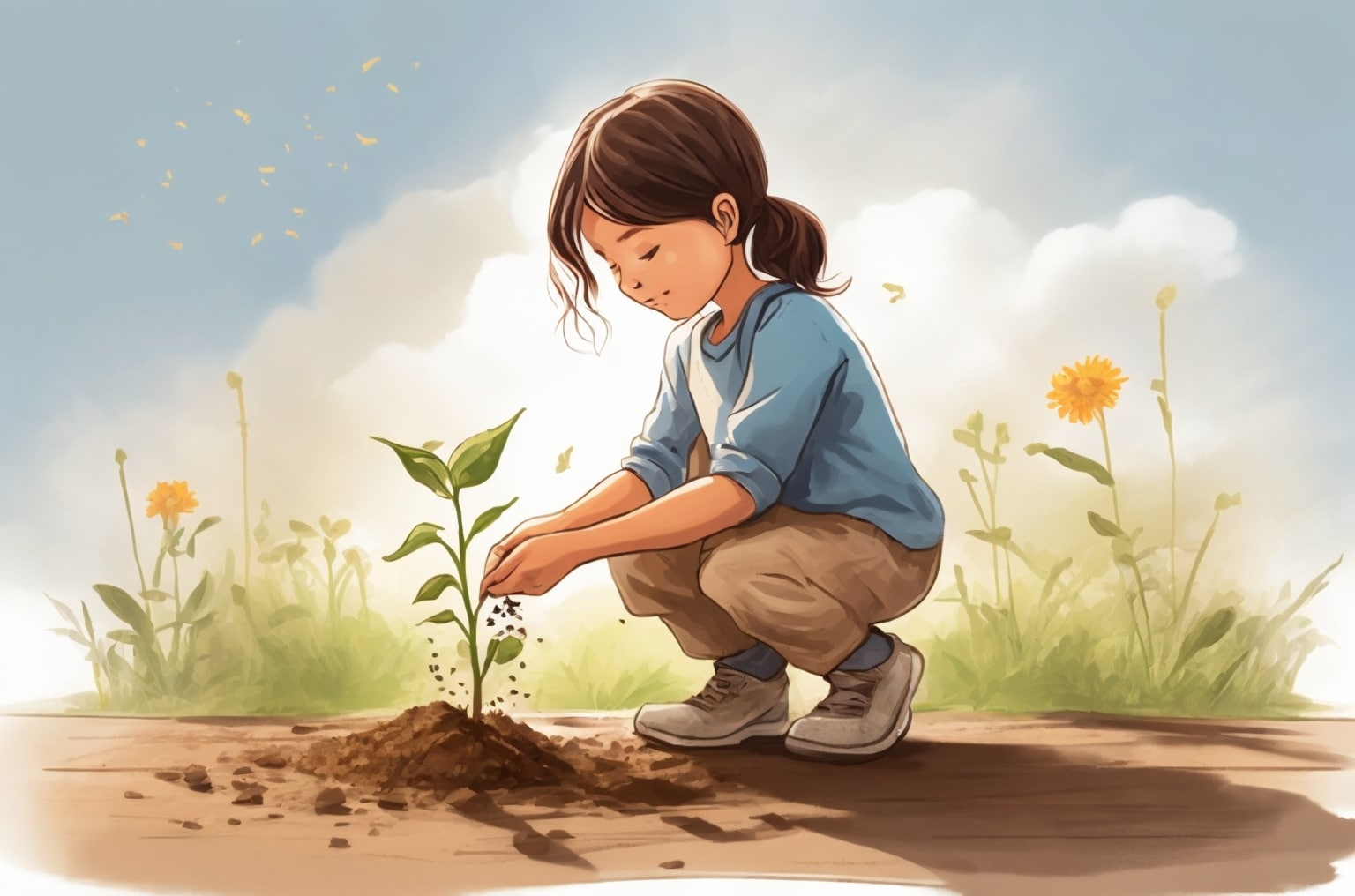 A child bends down to plant a tiny seed, embodying the cherished lessons from their loved one.