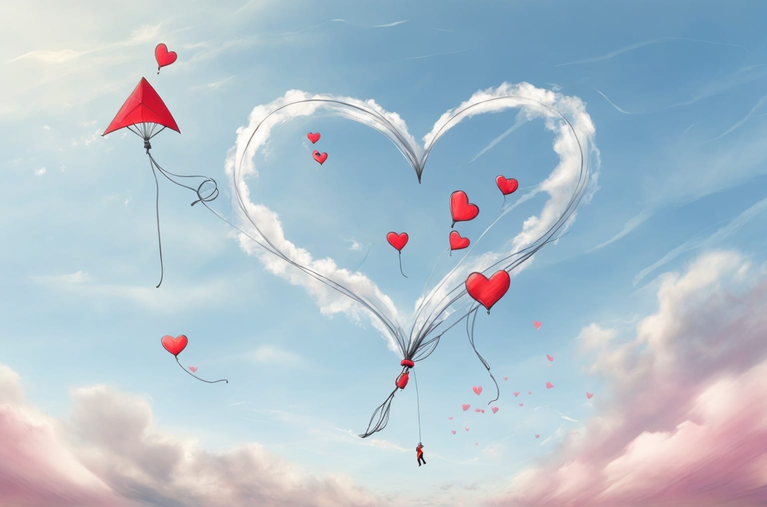 A heart-shaped kite soars high in the sky, carrying the love shared between the child and their loved one.