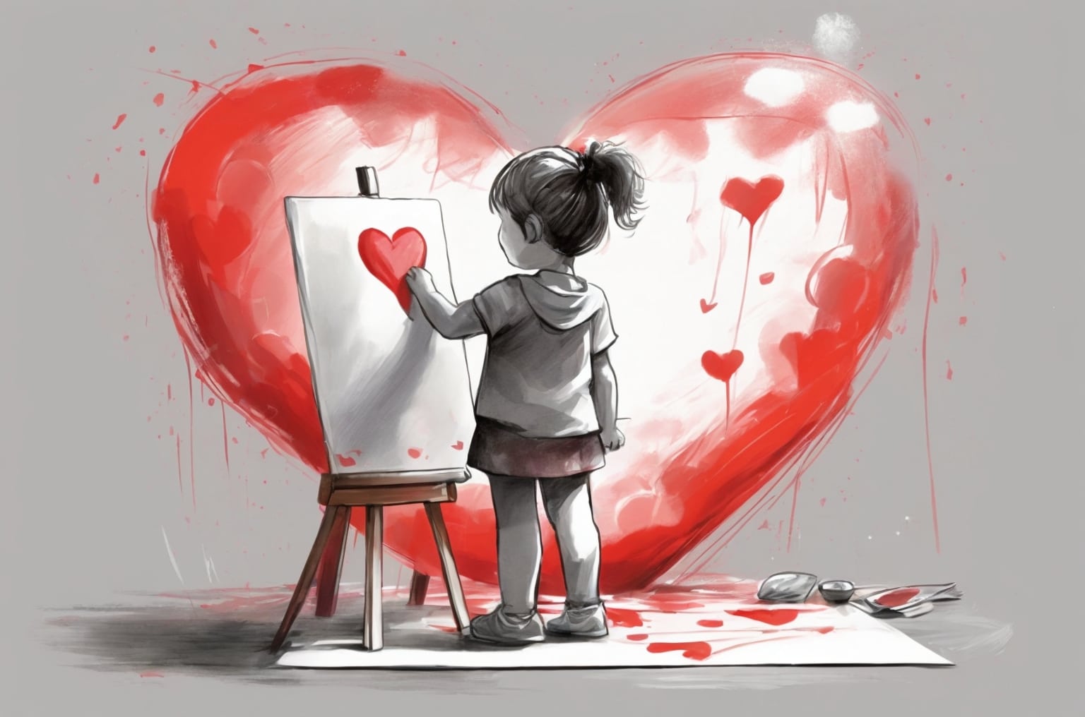 A child paints a large heart on canvas, symbolizing the enduring love and connection.