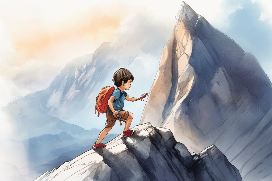 A child scales a mountain, embodying strength and courage in their pursuit.