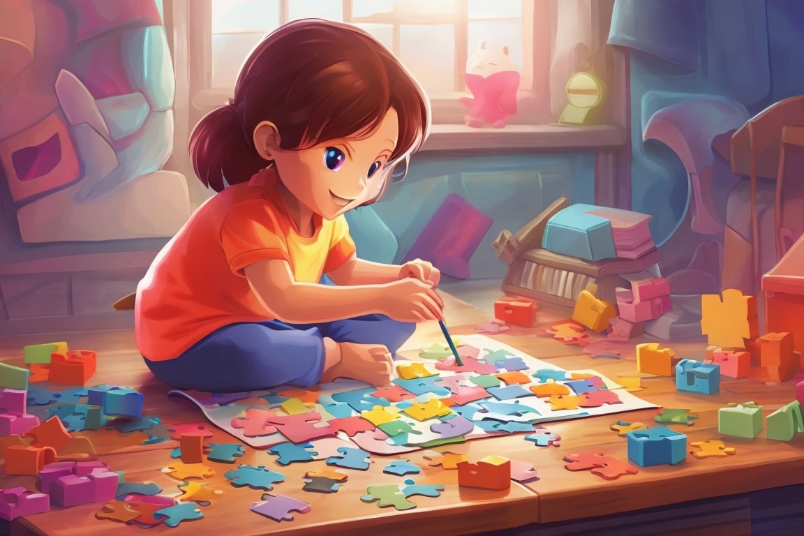 Kids piece together a colorful puzzle, embodying the fragments of joyous memories.