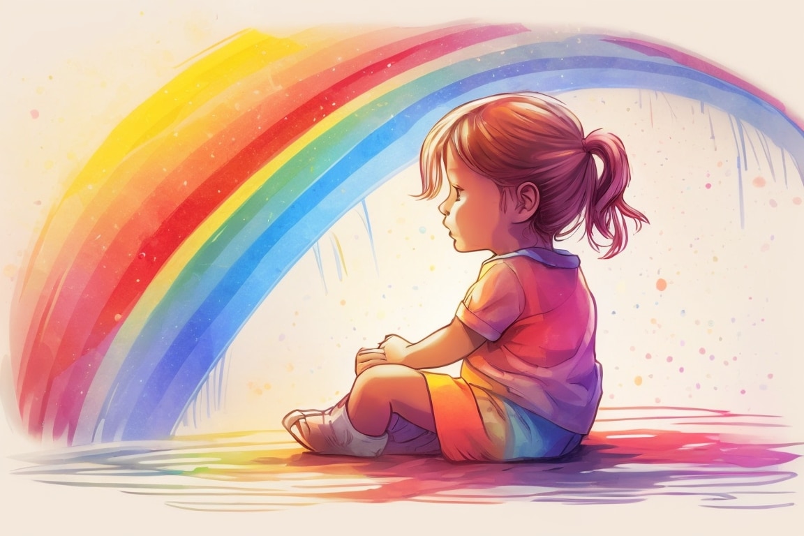 A child embraces a vibrant rainbow, basking in happiness through its spectrum of colors.