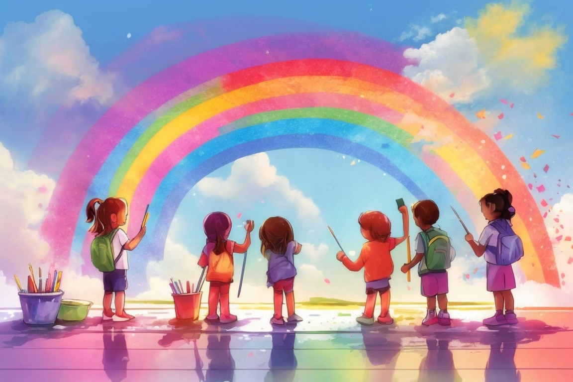 Kids paint a vibrant rainbow together, mirroring the brightness and vibrancy of life.