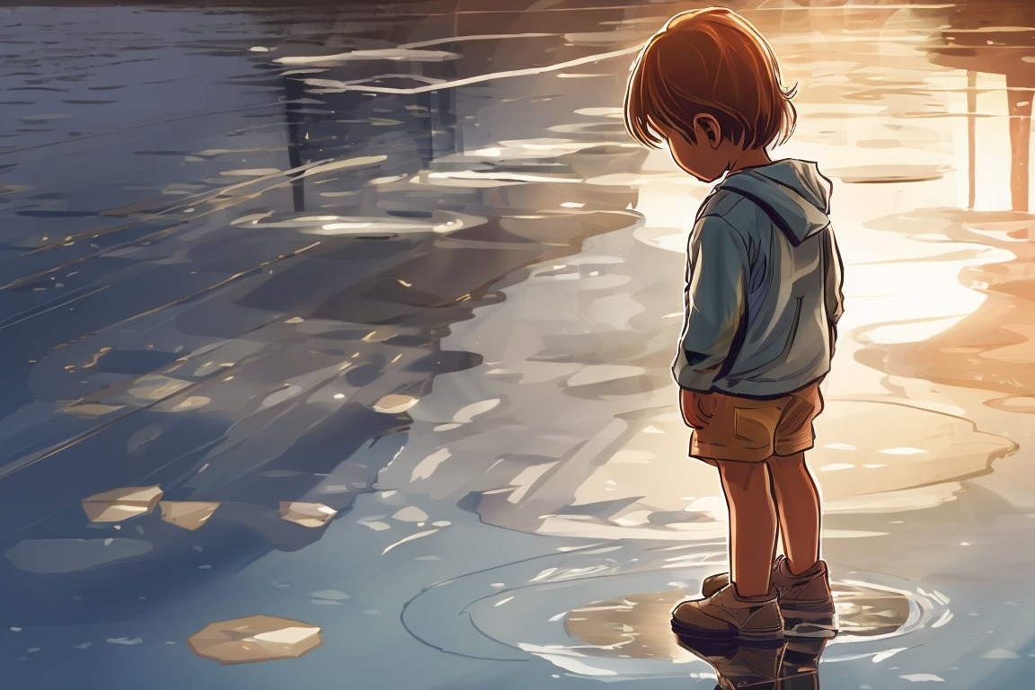 A child peers into a puddle, their reflection reminding them of cherished memories.