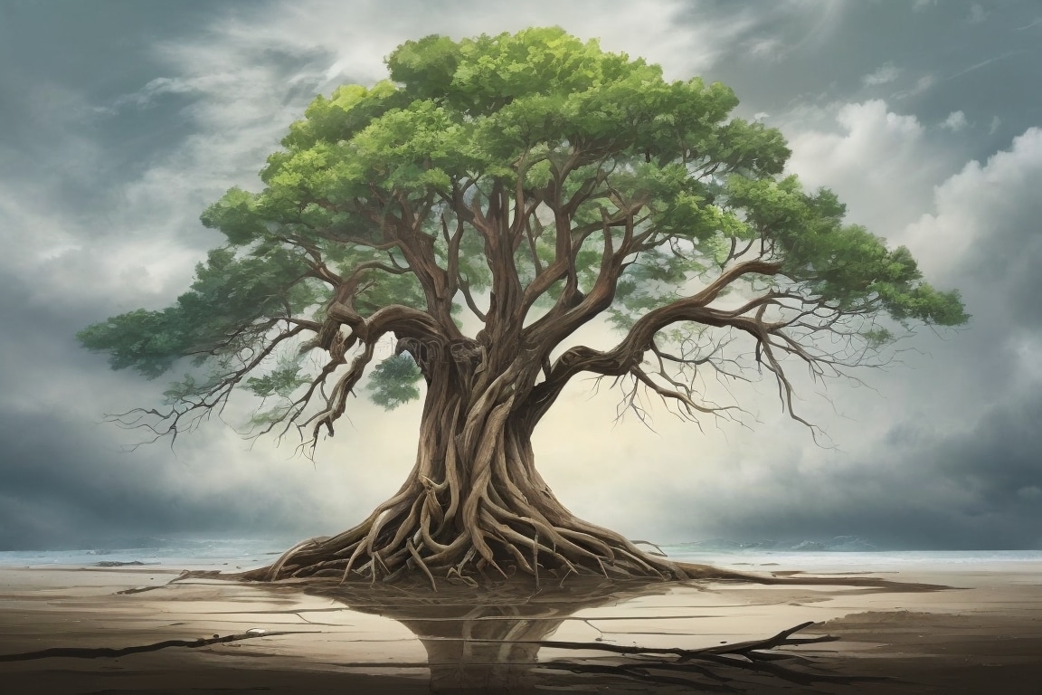 A steadfast tree with strong roots stands tall, symbolizing resilience in the face of change.