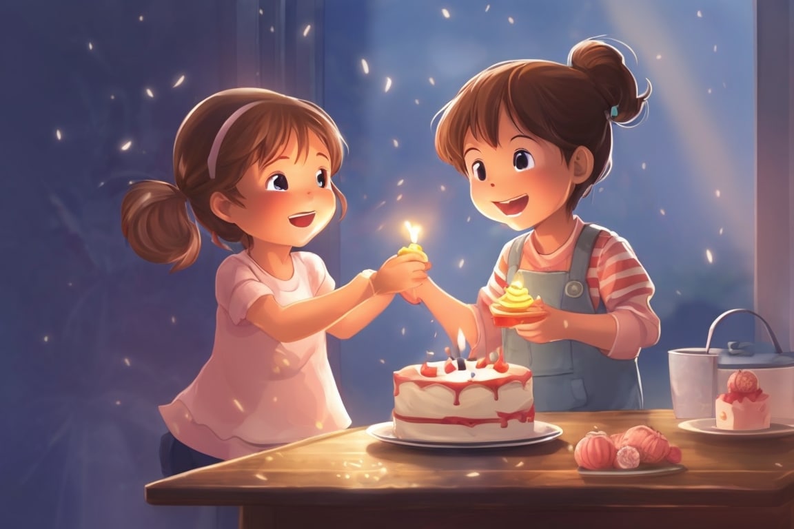 A child shares a piece of cake with a friend, echoing their loved one's joy-sharing spirit.