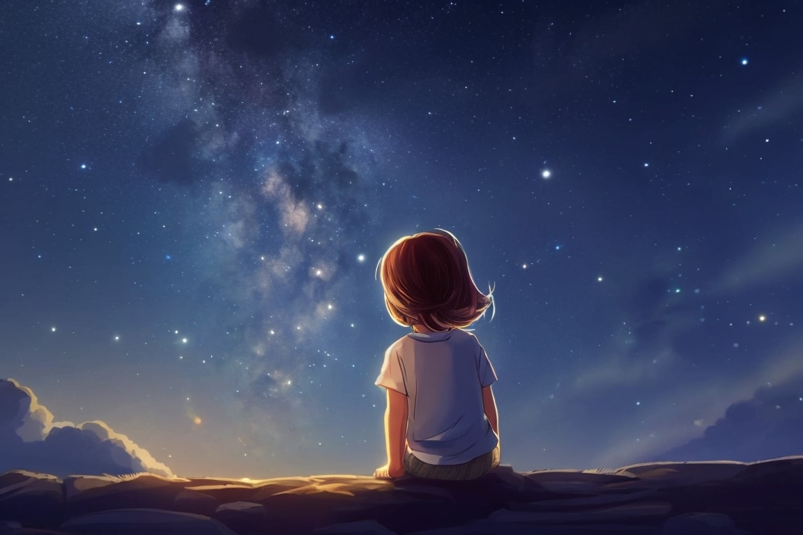 A child gazes up at a star-studded sky, feeling a profound connection to their loved one.