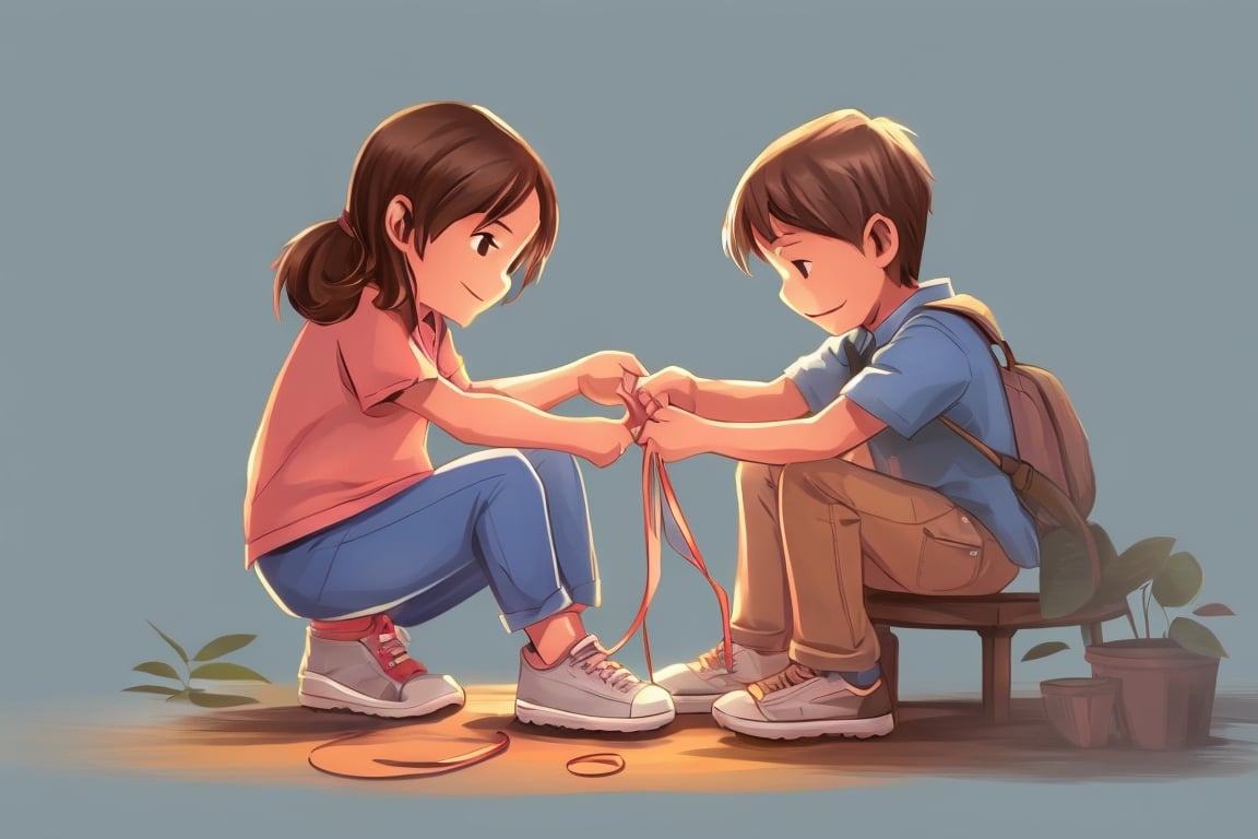 A child assists a friend in tying a shoe, embodying the kind spirit they learned from their loved one.