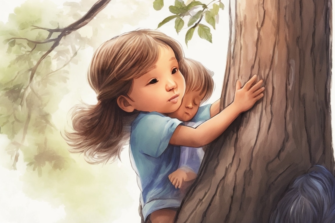 A child embraces a sturdy tree, drawing strength and comfort from its enduring presence.
