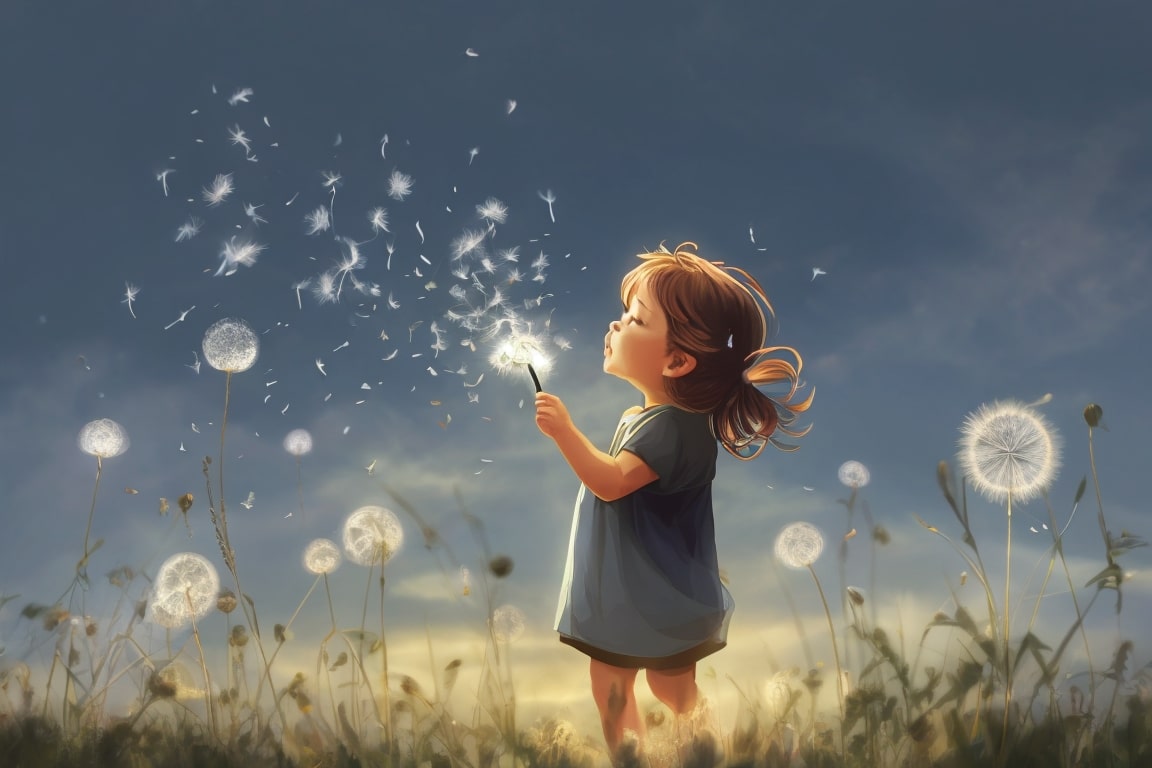 Dandelion seeds take flight as a child blows them away, carrying wishes of happiness.