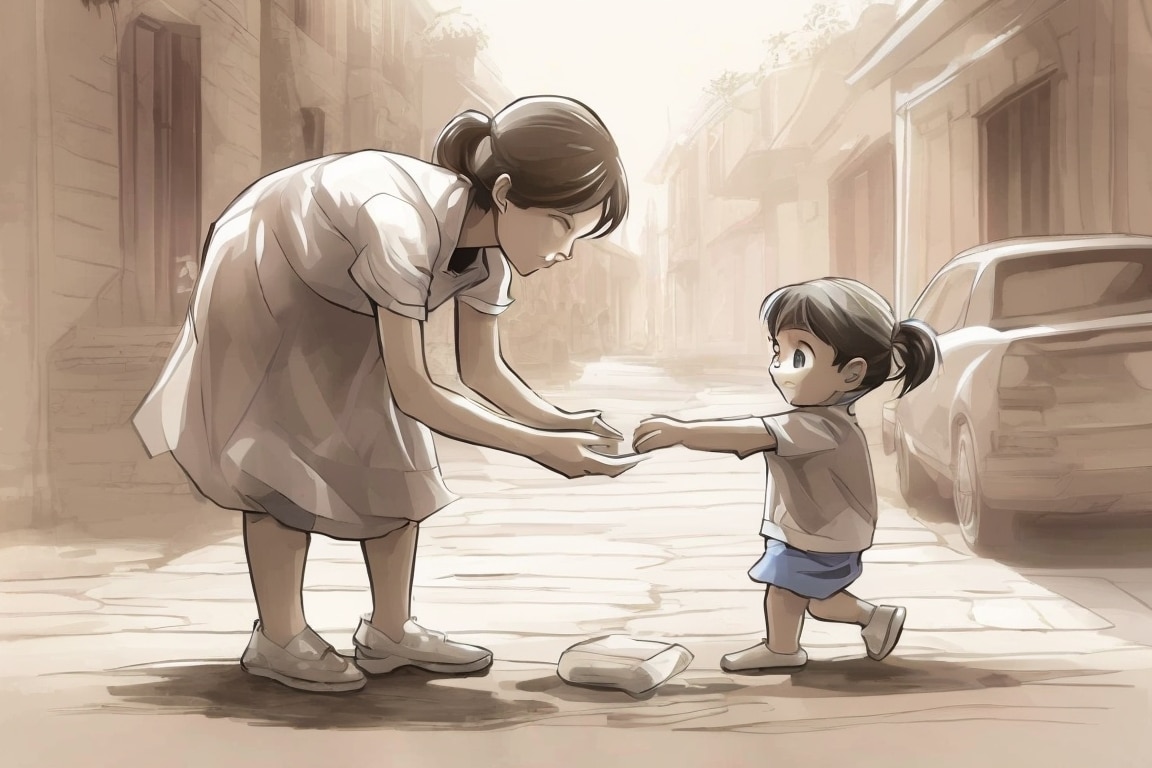 A child offers assistance to another, showcasing the transformative power of kindness.